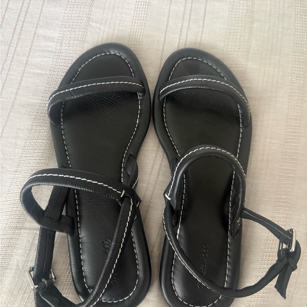 Madewell Black Leather Ankle-Strap Sandals with White Stitching